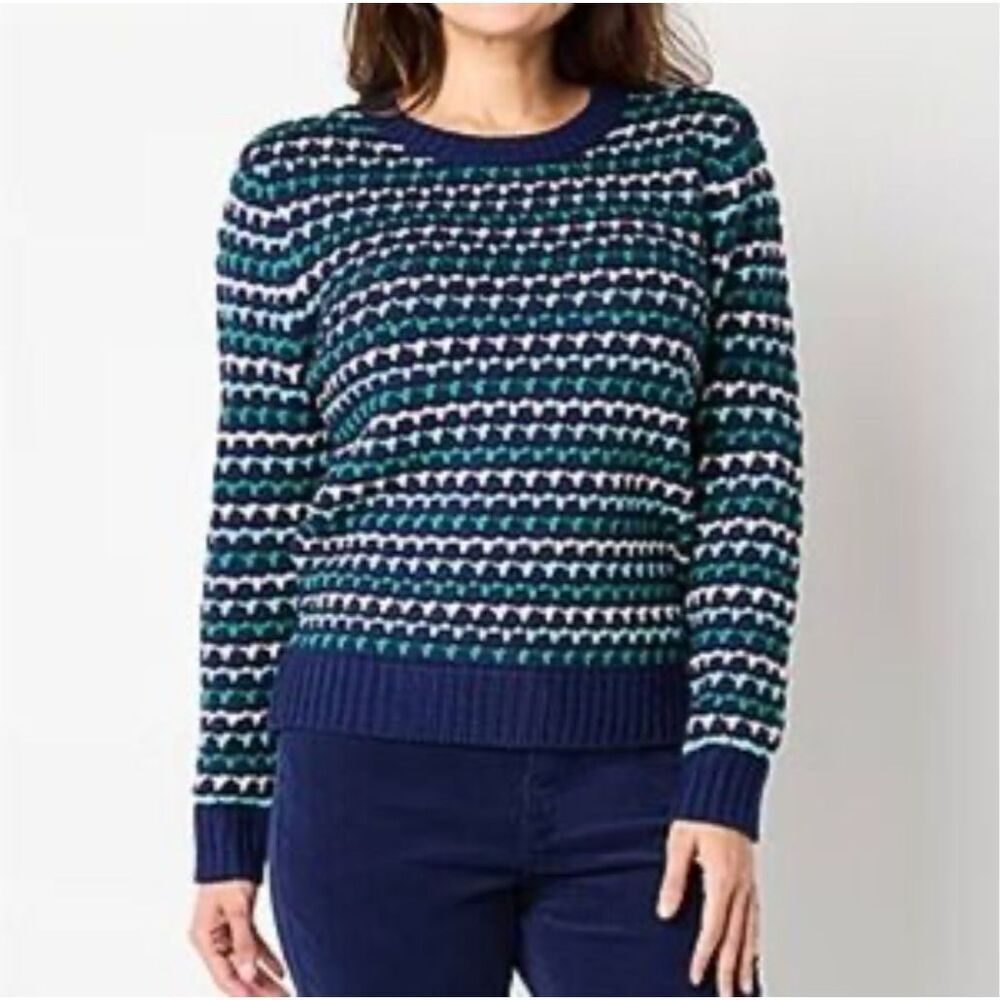 NWT ST. JOHN’S BAY Women’s Cable Knit Sweater Sz Large‎ Crew Neck Blue White LS